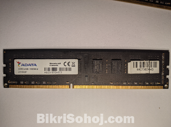 Dual ADATA 4GB 1600MHz DDR3 RAM Sticks (Used)
